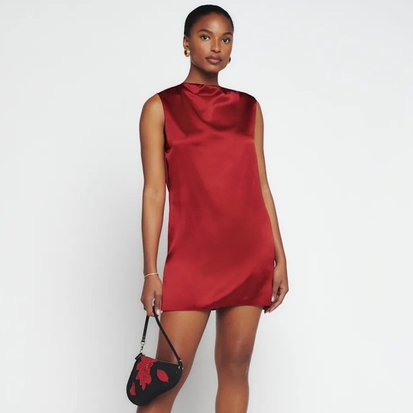 NWT Reformation Serina Silk Mock High Boat Neck Sleeveless Mini Dress Sangre Red - Picture 3 of 11